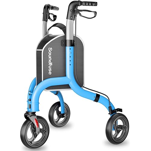 3 Wheel Walkers for Seniors, Lightweight Foldable Aluminum Rollator Walker, Height Adjustable Three Wheel Walker, Blue