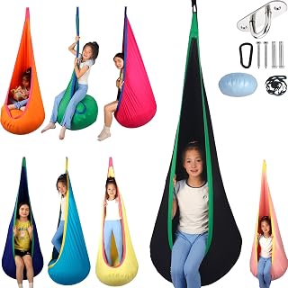 Sensory Swing for Kids Indoor and Outdoor Pod Hammock Chair Seat Upgrade Max 300 lbs Hanging Swing with Inflatable Cushion Includes Hardware Hanger Kit for Aspergers Autism ADHD (Black)