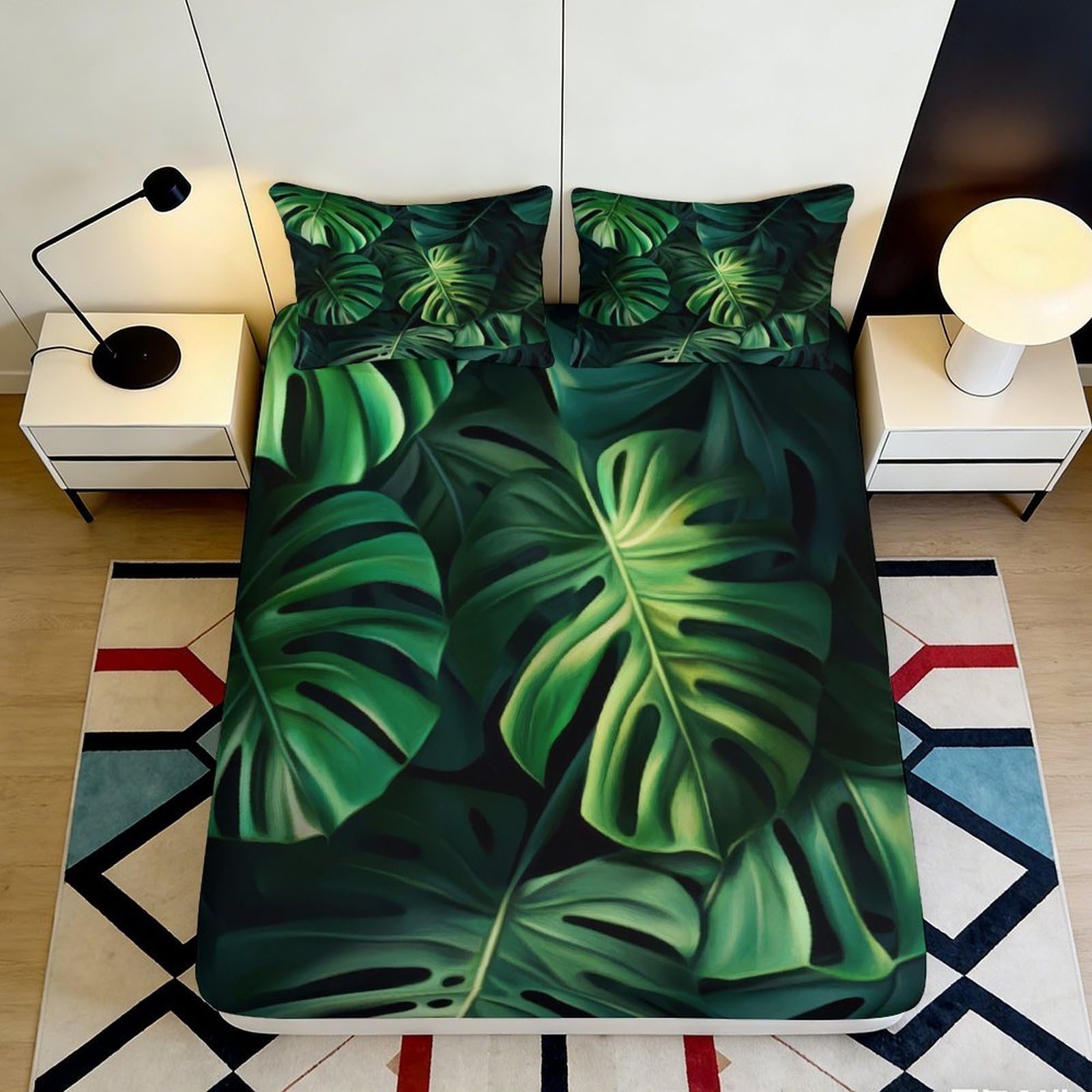 3D Printed Tropical Monstera Leaf Fitted Sheet Microfiber Green Jungle Palm Mattress Cover for Bedroom Decor 90x200x25cm