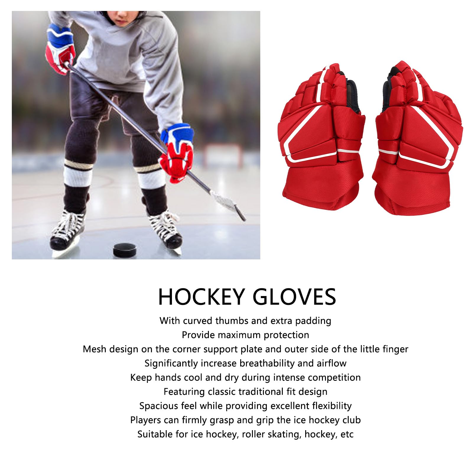 Gants de Hockey sur Glace Rouges, 1 Paire, Protection des Mains, pour Adultes, pour Le Patinage à roulettes (11 Pouces)