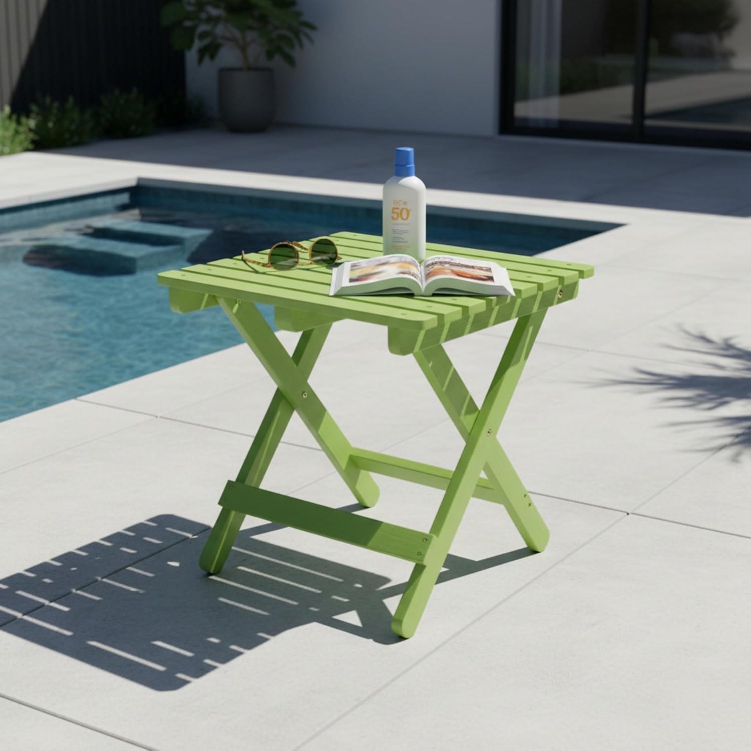 Shine Company Square Wooden Folding Solid Wood Side Table, Outdoor Adirondack Small Patio Table, Lime Green