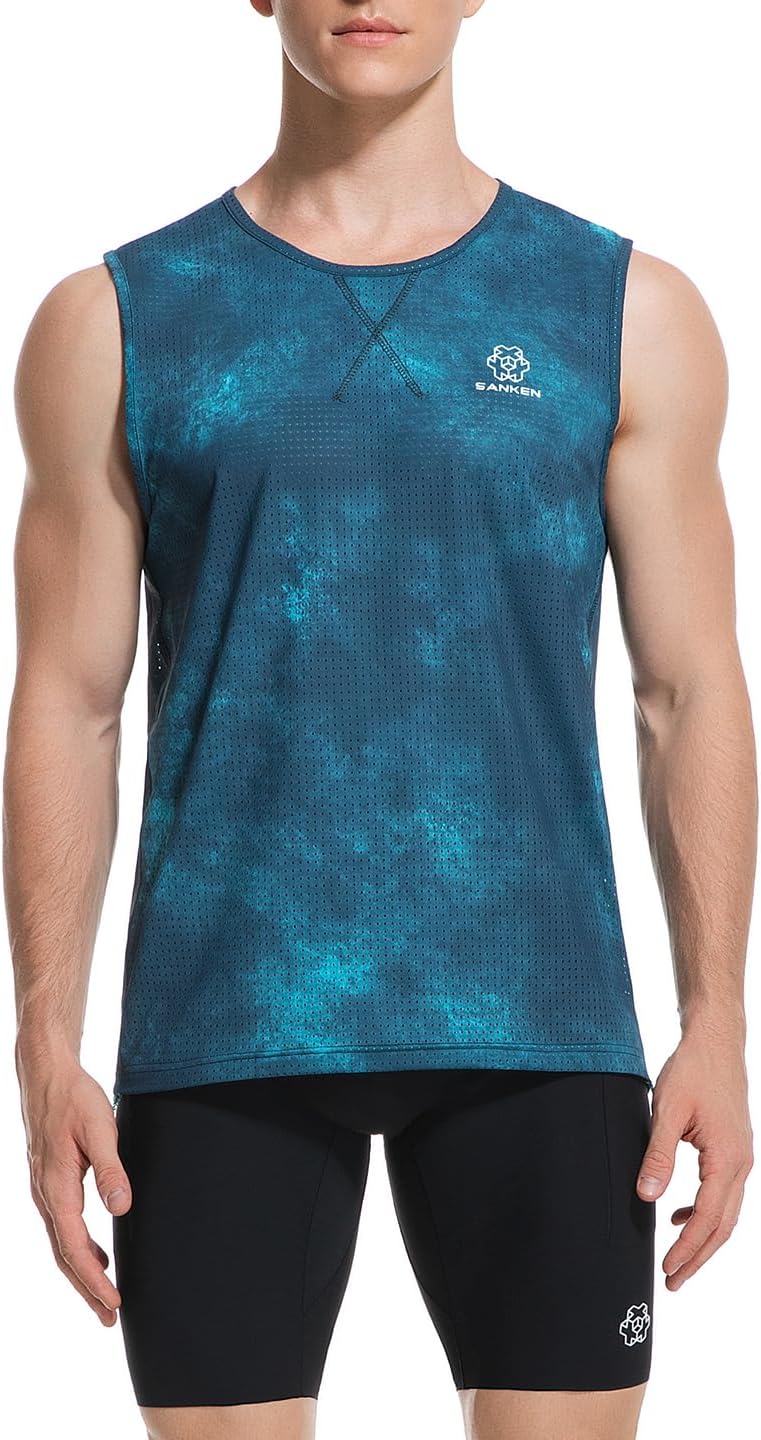 Sanken Men's Workout Tank Top Tie-Dye Blue Seamless Quick-Dry Sleeveless Workout Shirt Running Singlet Gym Marathon