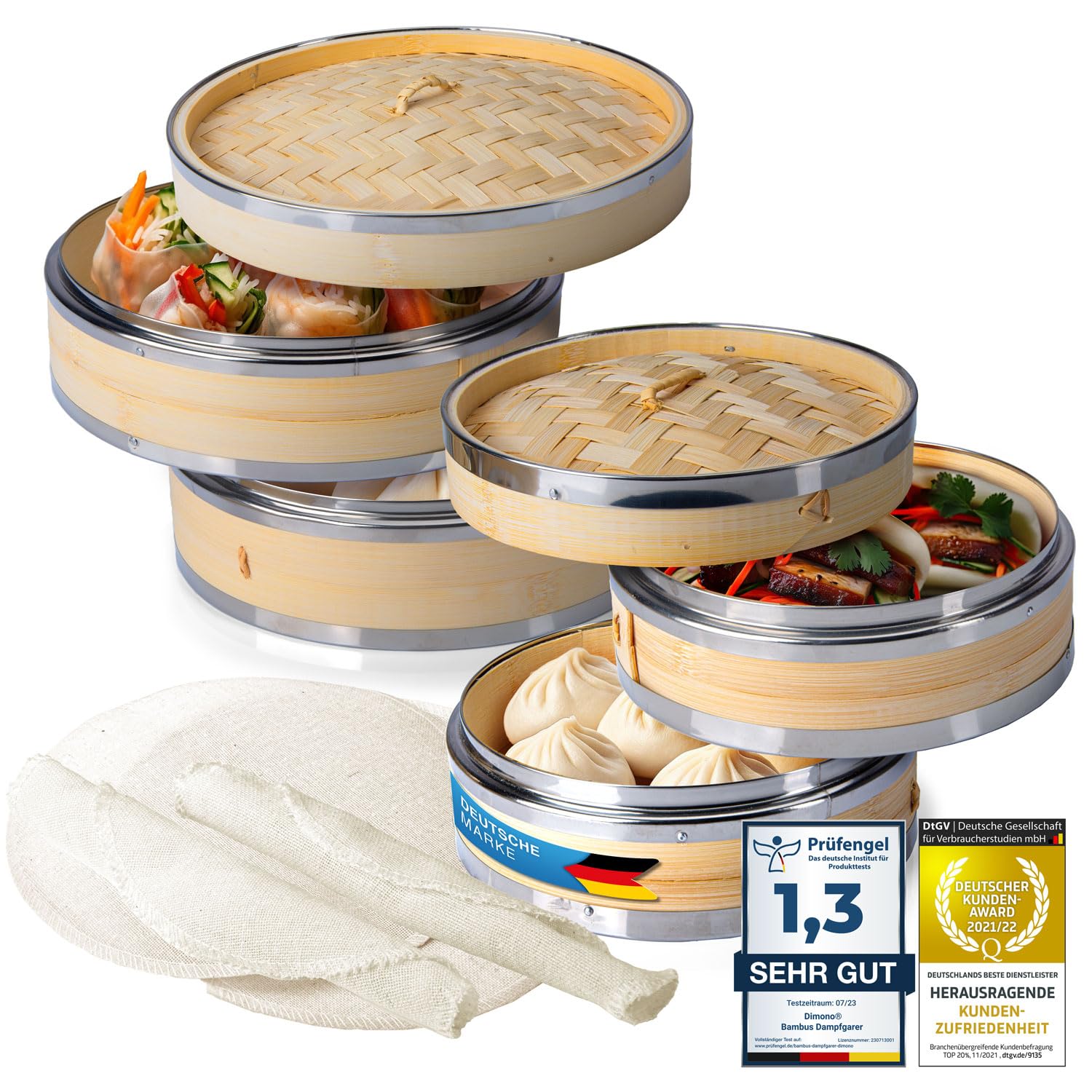 Dimono® Bamboo Steamer Basket 2 Tier with Stainless Steel & Lid