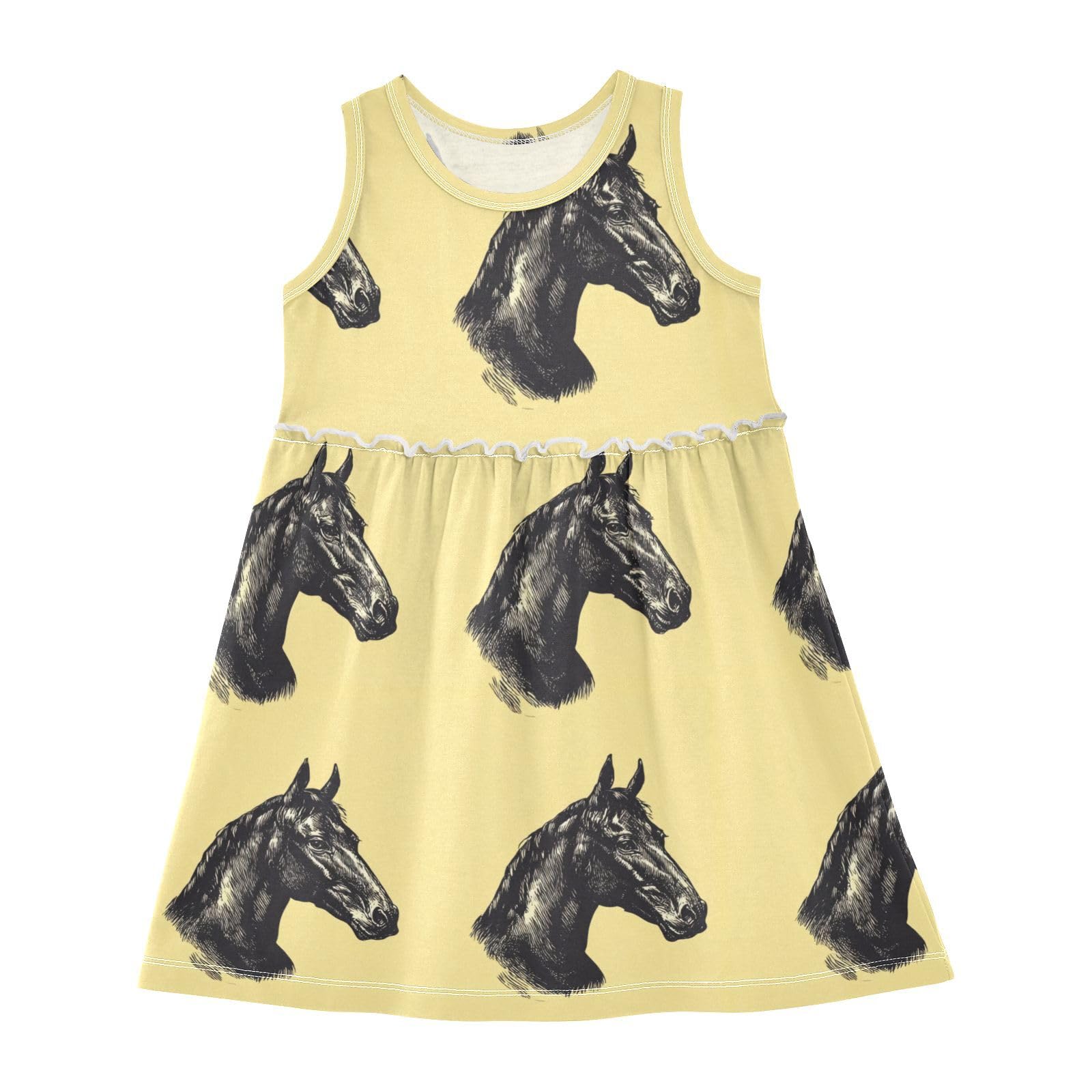 Girls Sleeveless Summer Dress Black Horse Head Kids Beach Sundresses Short Dresses 2-8years