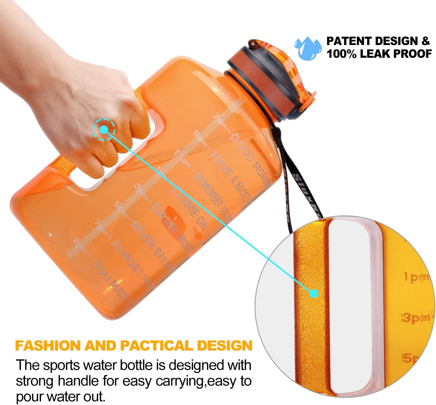SLUXKE 1 Gallon Motivational Sports Water Bottle with Time Marker, BPA Free 128oz Leak Proof Jug, Black, Plastic, 128 ounces, Fitness, Sports, Outdoor Activities - Image 3
