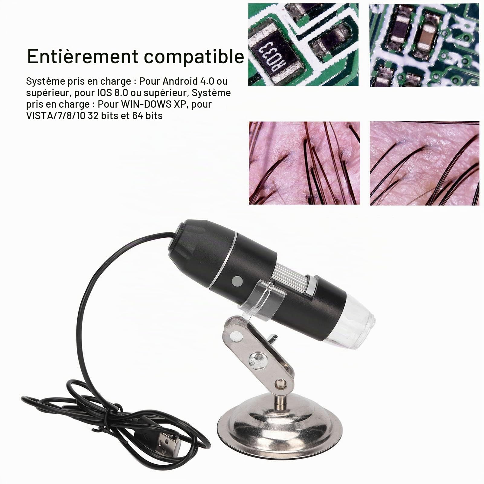 Détecteur de Cuir Chevelu, 0X-200X Microscope Numérique Microscope Numérique Analyseur de Peau Diagnostic de la Peau Analyseur de Cheveux USB 8 Lumières LED Blanches Caméra Loupe