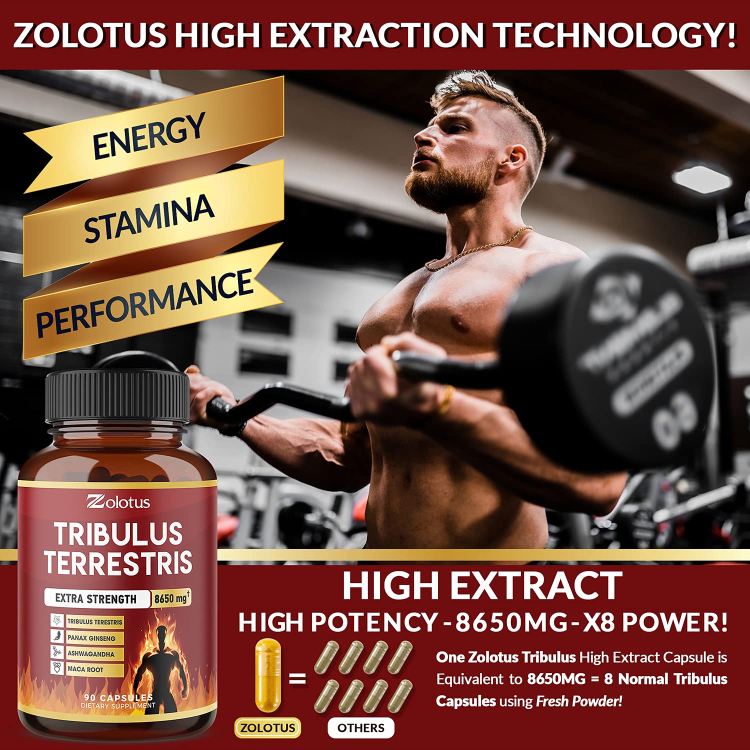 Buy Tribulus Terrestris, 8650mg Per Capsule, Highest Potency with Ashwagndha, Panax Ginseng, Saw