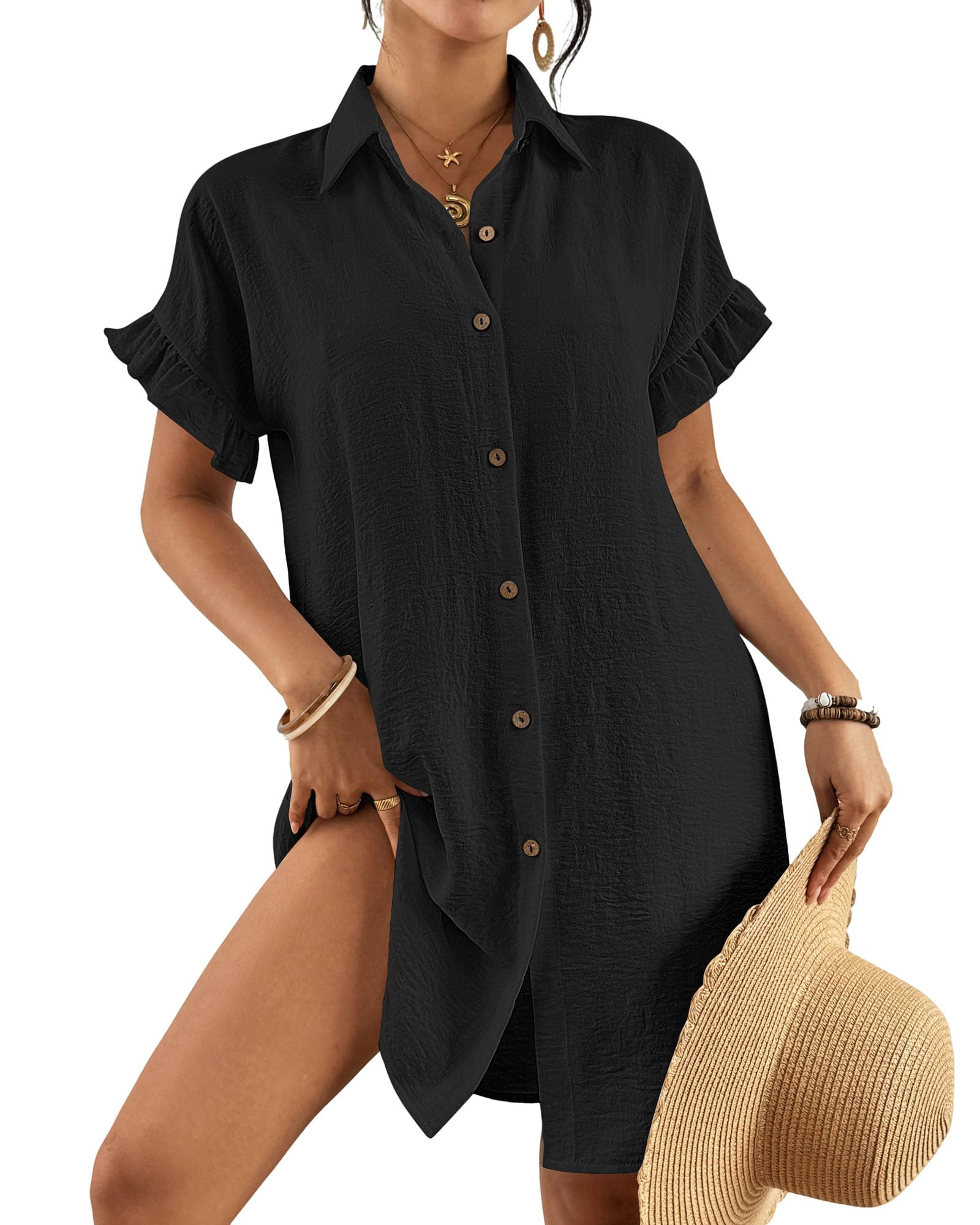 Eddoyee Womens Beach Swimsuit Cover Ups Button Down Bathing Suit Shirt Pleated Bikini Swimwear Top