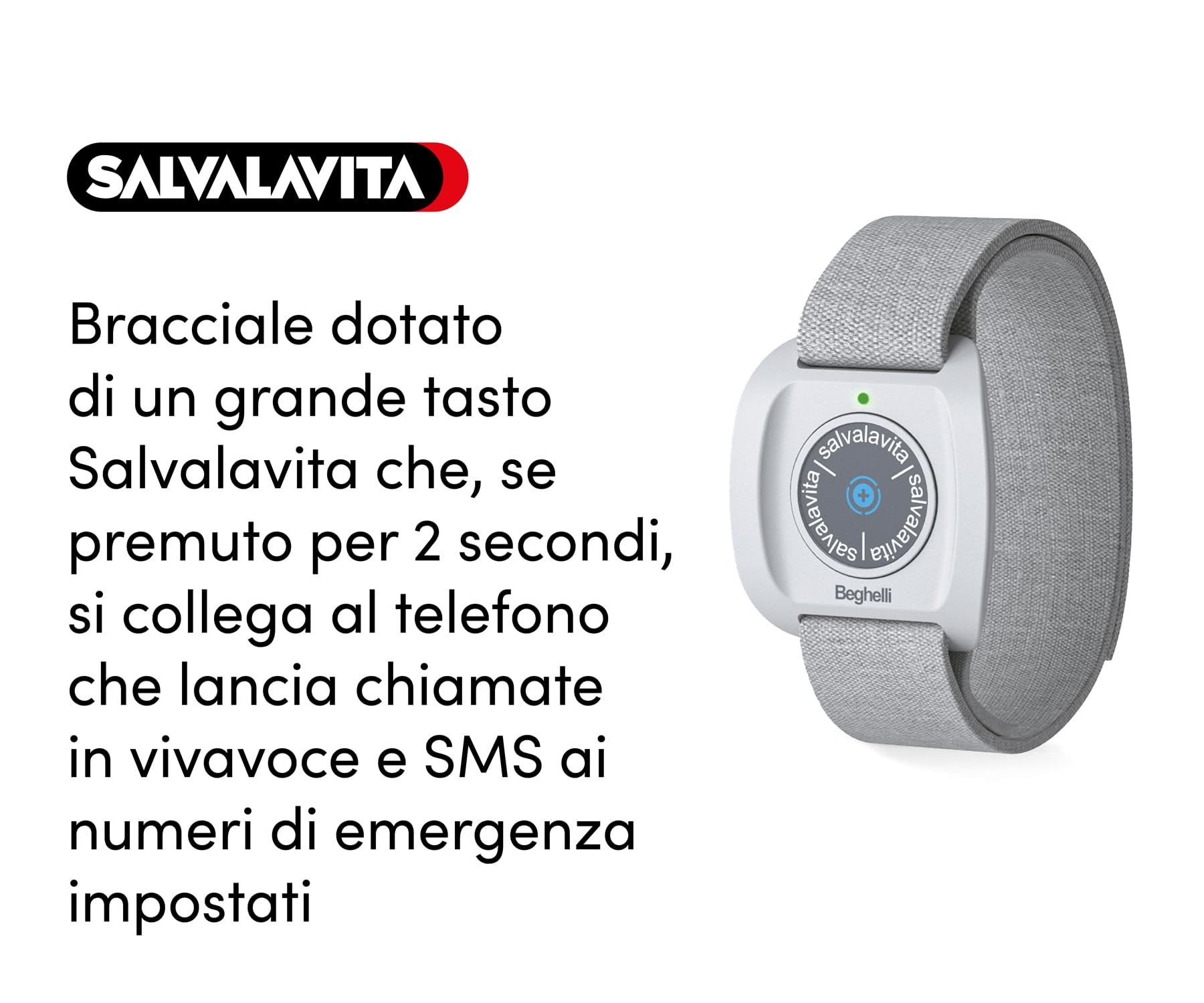 Beghelli - SLV30 Freisprecheinrichtung Plus + Armband für Senioren, GSM SOS, Schnellanruf, tragbare Telekommunikation, GPS, Fallsensor, großes Display, 2,8 Zoll, Weiß
