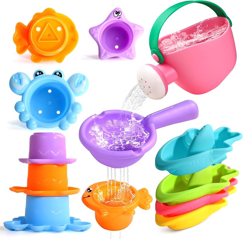 Fajiabao Juguetes de baño para niños de 1 a 3 años, juegos múltiples en pileta de agua de bañera | Juguetes de baño sin moho de aprendizaje con vasos apilables de colores y regadera, juguetes de ducha interactivos para 1, 2, 3, 4, 5, 6, regalos de cumpleaños