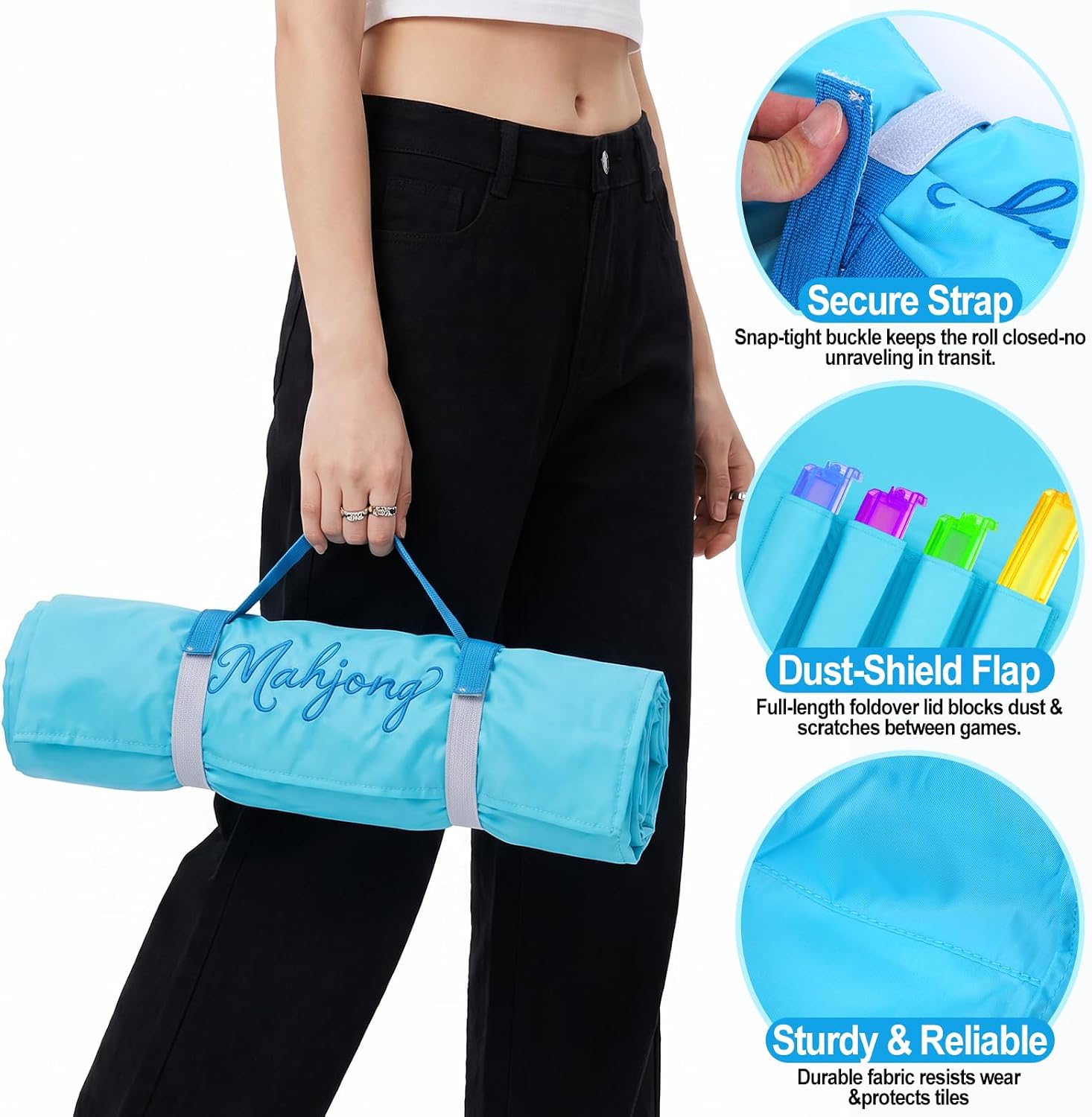 Mahjong Rack Storage Bag Handheld Canvas Sleeve Fits 4 Mahj Racks with Pushers, Dust-Shield Flap, Dual Straps Portable Travel Handheld Carrier Organizer, Mah Jongg Accessories & Gift (Bag Only, Blue) image 4