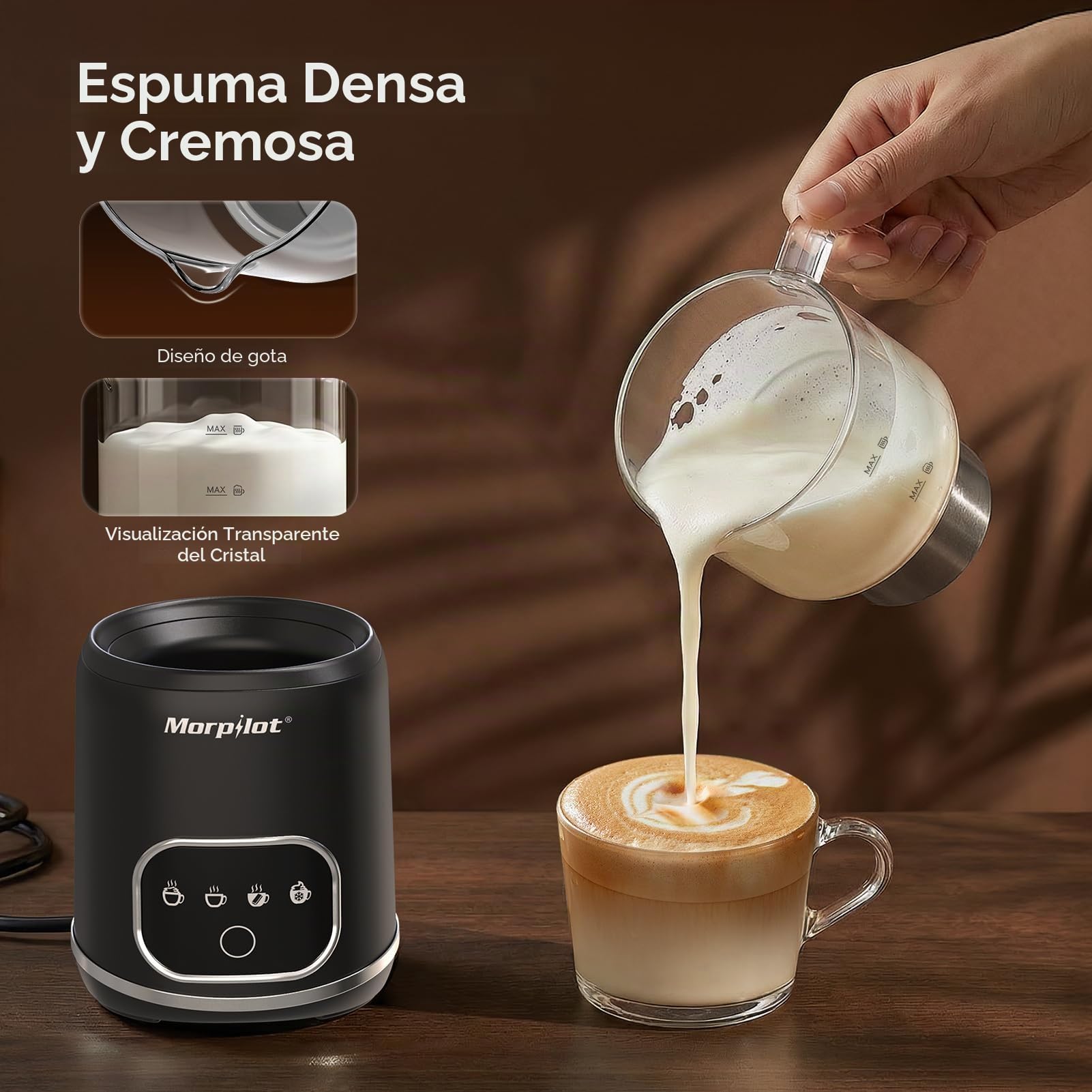 Morpilot Espumador de Leche, Espumador Eléctrico de Vidrio, 4 en 1 Funciones, Capacidad 300ml para Capuchino o 600ml para Leche Caliente, Diseño Separado, Negro