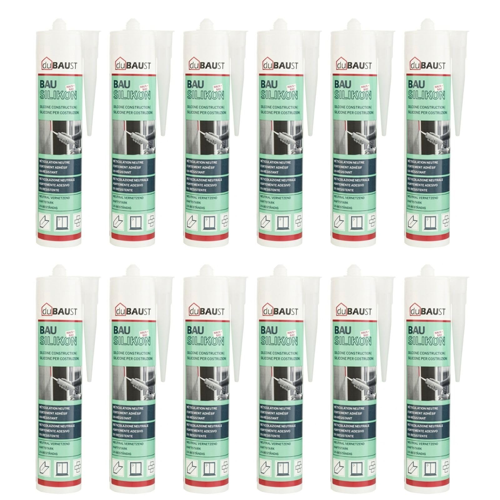 12x dubaust BAS24 Bausilikon Fenstersilikon Neutralsilikon Innen/Aussenbereich witterungsbeständig hochelastisch 310ml Kartusche (transparent)
