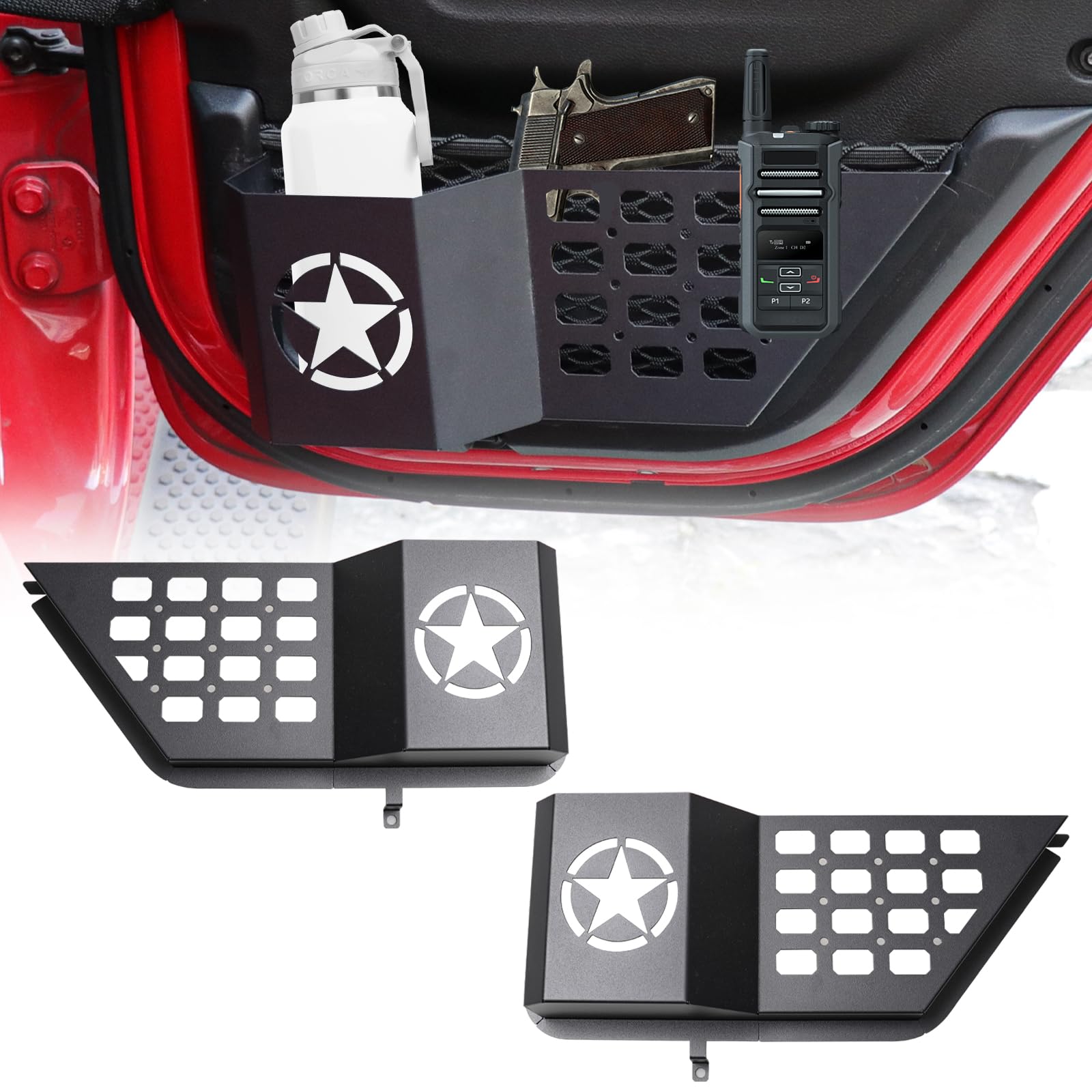 BESTAOO 2 PCS Metal Rear Door Storage Organizer for Jeep Wrangler, Door Side Insert Storage Box Pockets Compatible with 2018-2024 2025 Jeep Wrangler JL 4XE Gladiator JT Interior Accessories
