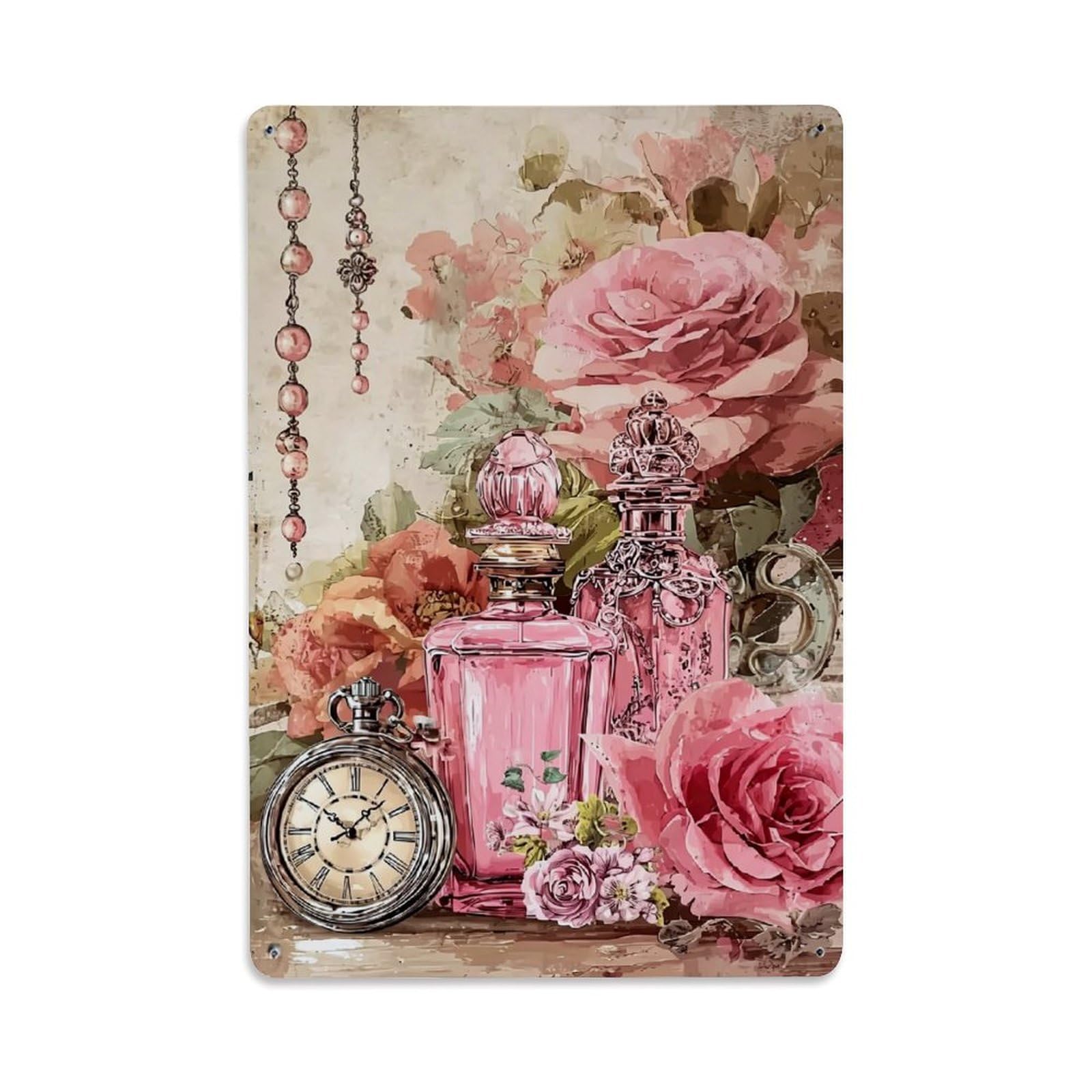 Jdfenggu Vintage Floral Perfume Bottle Clock Roses Retro Metal Tin Sign, Decor Art Poster For Bar, Home, Man Cave, Kitchen, Laundry Room Gift 8X12inch