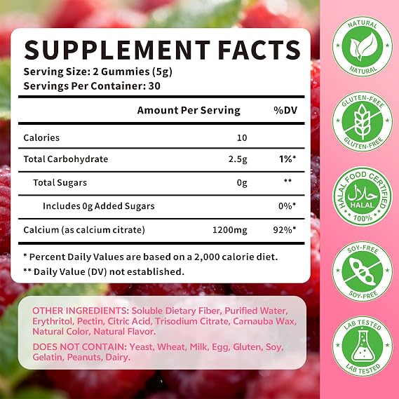 Calcium Citrate Gummies 1200mg for Adults & Kids, Chewable Calcium Citrate for Bone, Muscle & Immune Support, Bioavailable Calcium Supplements for Women & Men, Raspberry Flavor, 60 Count