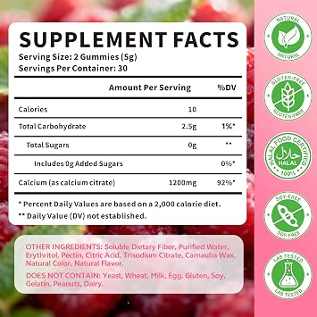 Calcium Citrate Gummies 1200mg for Adults & Kids, Chewable Calcium Citrate for Bone, Muscle & Immune Support, Bioavailable Calcium Supplements for Women & Men, Raspberry Flavor, 60 Count