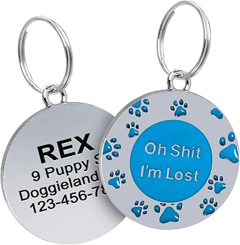 Custom pet tag ID, Personalized Stainless Steel Oh Sh*t Im Lost Dog tag, Engraved Cute paw for Puppies with Ring Included Oh S.. Im Lost
