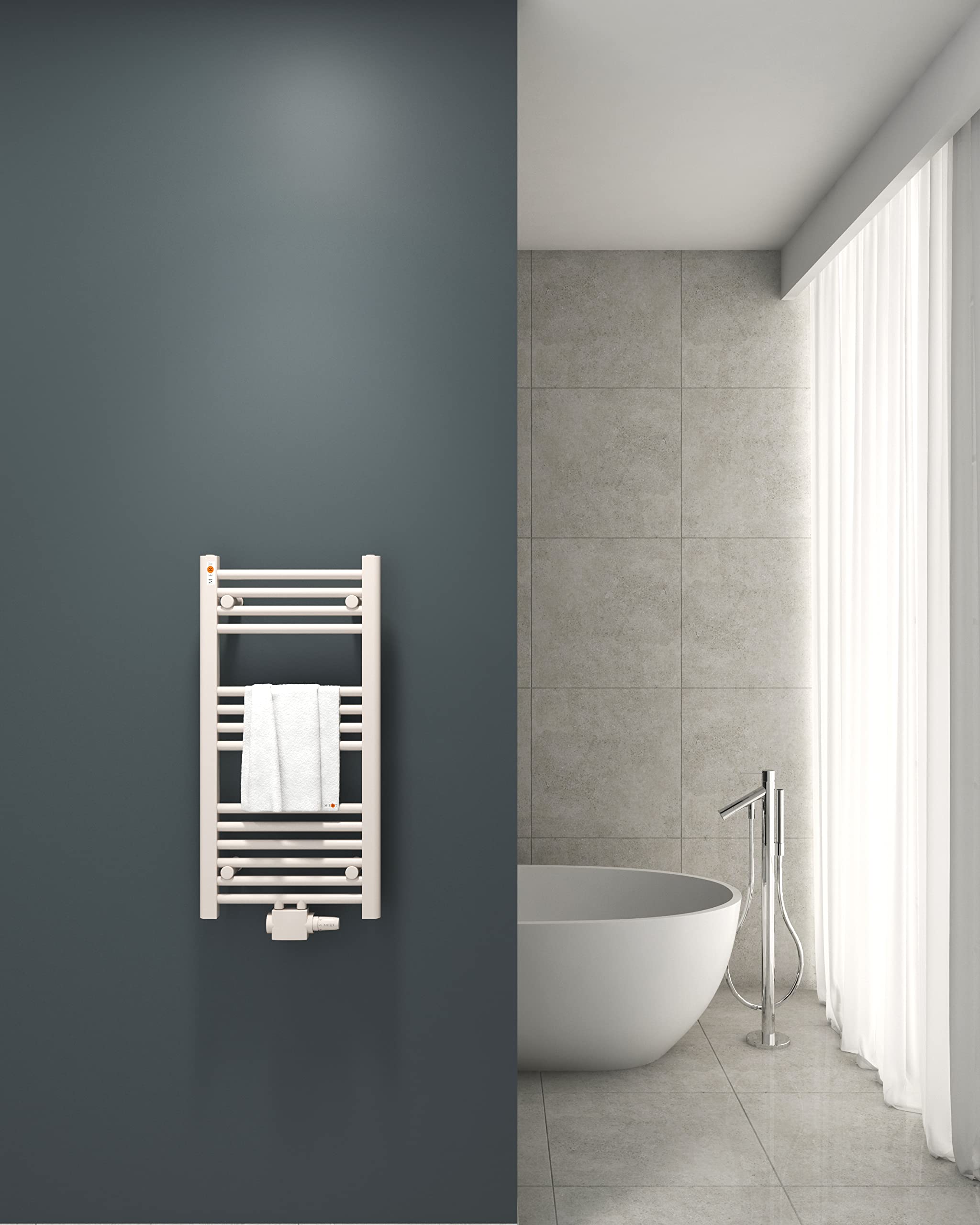 Mert Heizung mit Thermostat Fernwärme Warmwasser Bad-Heizung 800x400 Bad-Heizkörper 1/2 Zoll Mittelanschluss 50 mm weiß Handtuchhalter für Wandmontage