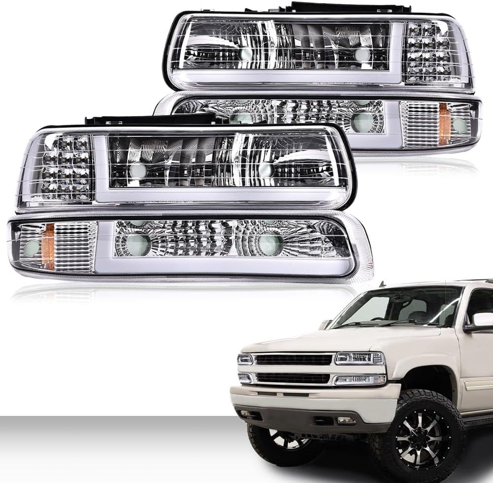 CHEDA LED DRL Headlights Assembly Compatible with 1999-2002 Chevy Silverado/Fit 2000-2006 Suburban Tahoe Clear Lens Chrome Housing Amber Reflector Headlamp Faros Conjunto De Faros