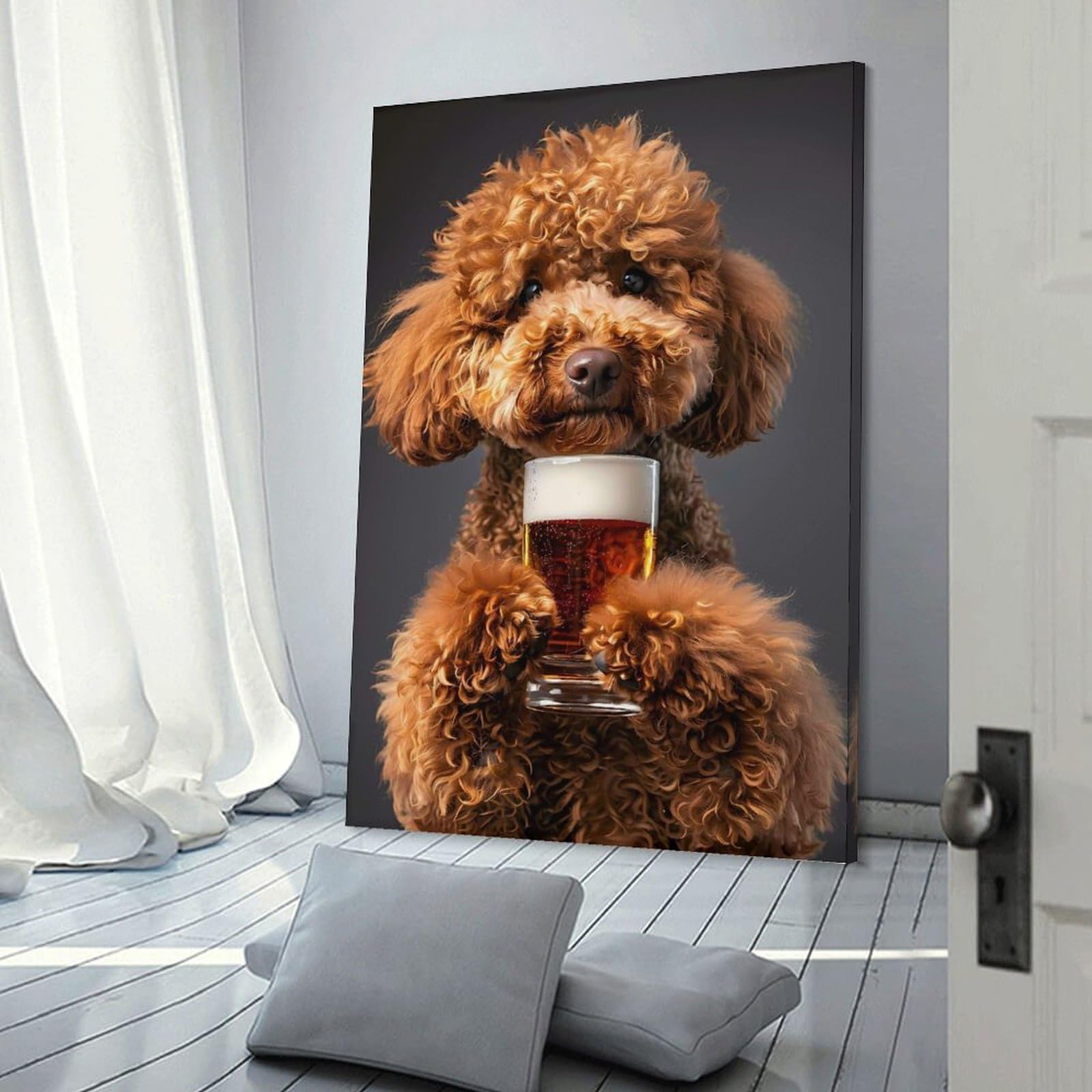 Junmoney Poodle Beer Canvas Wall Decor 20x30inch(50x75cm), for Feature Walls in Flats Or Modern Rooms, Decorative Artwork with Flexible Styling