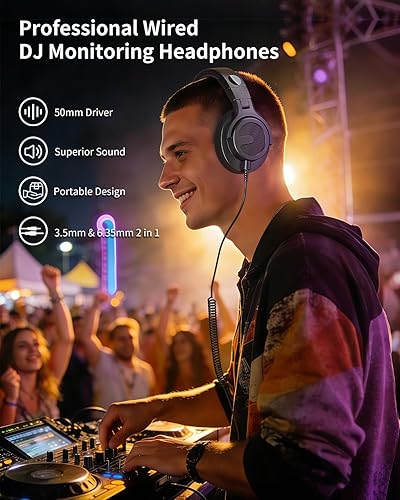 Miniatura 2 de Auriculares con cable sobre la oreja, auriculares profesionales para monitor de DJ y estudio con controlador de 1.969 in, auriculares estéreo con