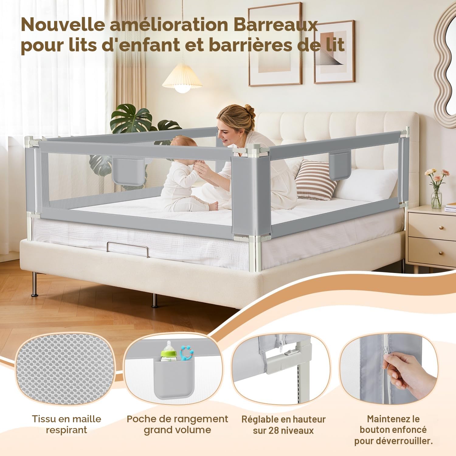 1x180CM+2x200CM Barrière de lit pour bébé, Barrière de lit Enfant Protection Contre Les Chutes, Réglable en Hauteur, Barrière de lit avec Filet aéré, Facile à Monter, Gris