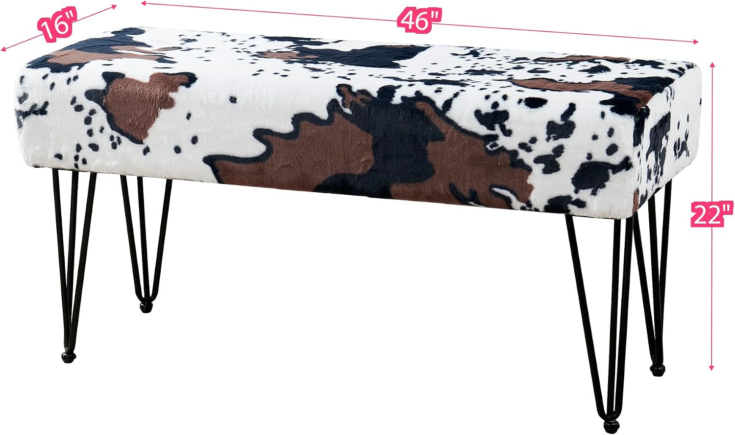 HESTIN 46"x16"x22" Cow Print Ottoman - Rectangle Footstool Pouf for Living Room, Bed Footrest, Polyester Accent Stool with Black Legs