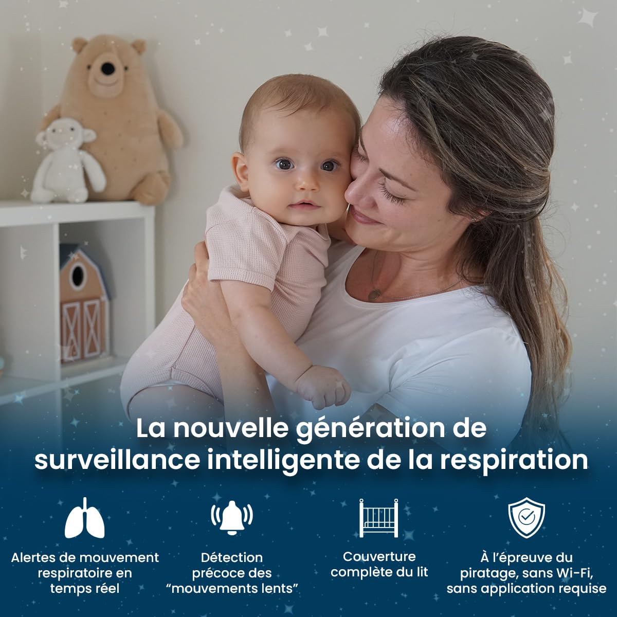 Moniteur de Mouvement pour Bébé - Babysense 8, pour Usage Domestique, Alerte en Temps Réel en Cas d'Absence de Mouvements, Détecte et Notifie Les Irrégularités, Couverture Complète avec 2 Capteurs