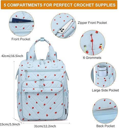 Miniatura 25 de Mochila para tejer, organizador de hilo con puerto de carga USB, mochila acolchada para mujer, regalo del día de la madre, bolsa de ganchillo grande