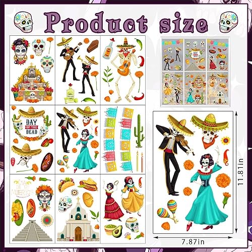 Miniatura 2 de 9 calcomanías para ventana de cristal del Día de los Muertos para ventanas de vidrio, removibles, calcomanías de doble cara con calavera de azúcar