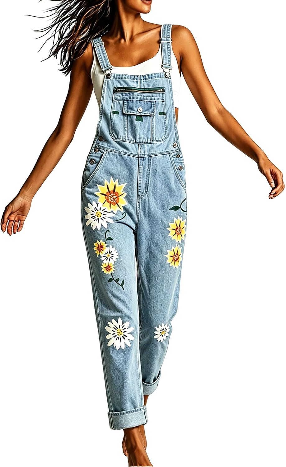 Light Blue Stretchy Cargo Floral Printed Jeans Bib Overalls for Women, Cute Sunflower Flower Jeans for Teen Girls