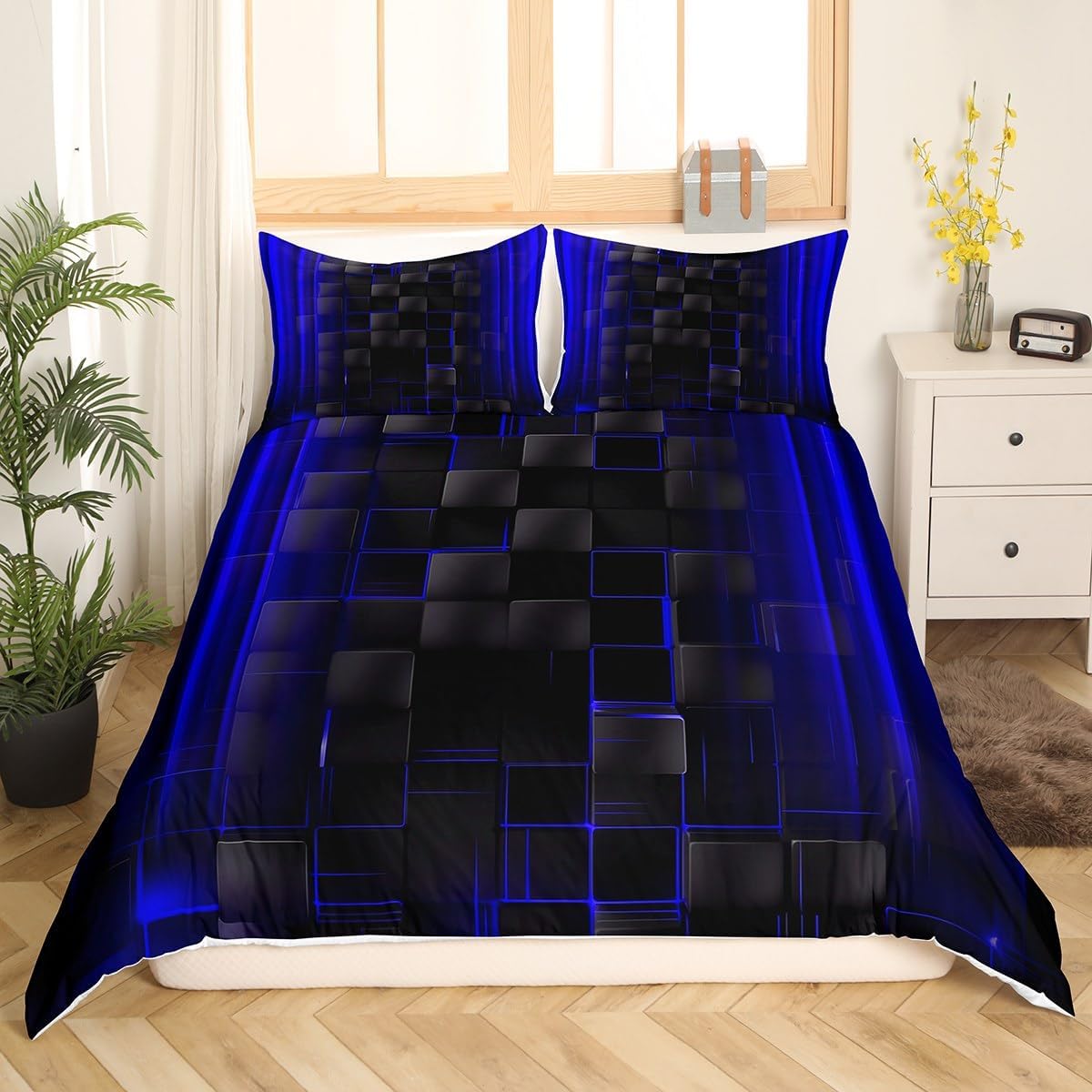Manfei Royal Blue Ombre Duvet Cover Set Queen Size, Abstract Geometric Lines Grid Comforter Cover, Black Lattice Bedding Set for Kids Boys, Lightweight Bedspread Cover, 2 Pillowcases,No Comforter