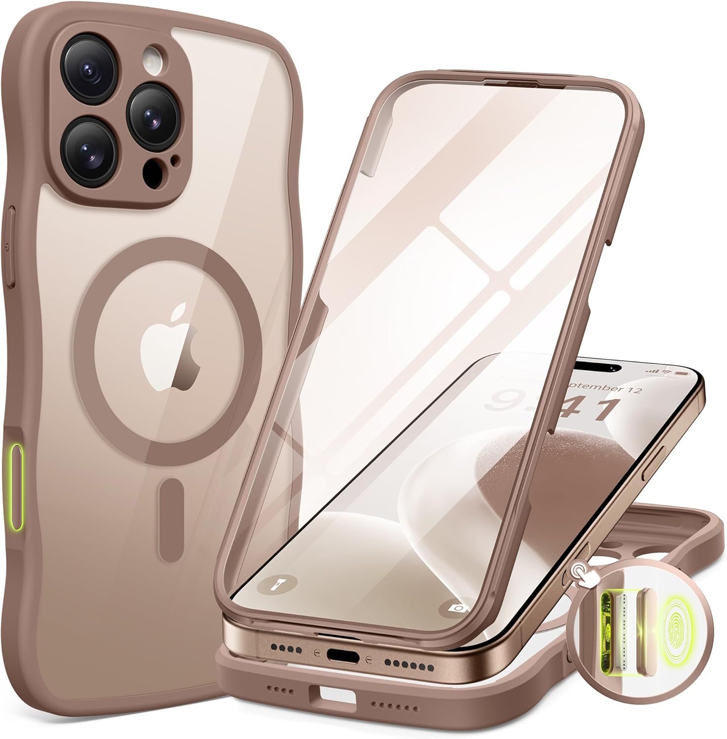 BERFY for iPhone 16 Pro Max Case for Women Girls, [Compatible with MagSafe][Built-in Glass Screen Protector and Camera Protection] Cute Wave Clear Full Body Phone Case for iPhone 16 Pro Max 6.9",Brown - Image 2