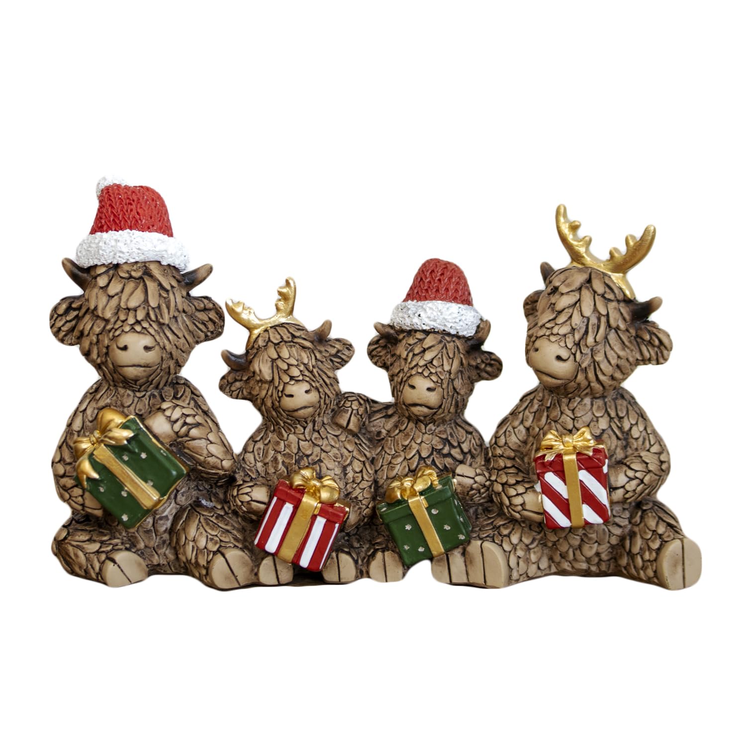 Darthome Brown, Red, Green, Gold Christmas Highland Cow Family Ornament, Brown Resin, Xmas Hats Presents & Gold Antlers 22X14x7cm