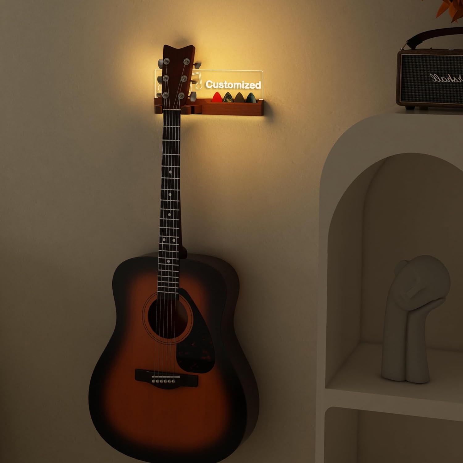 CoolGift Mart Customized Wall-Mounted Guitar Stand with LED Illumination - USB Powered, Musical Notes Design, Pick Holder - Premium Wood and Acrylic