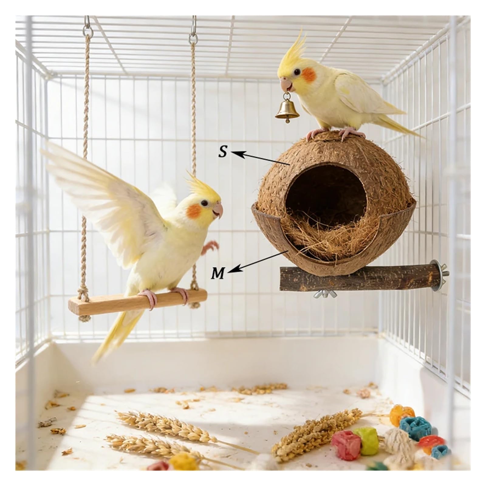 Kokosnussschale-Vogelnest for Käfigfaser mit warmem Pad-Versteck-Schaukelspielzeug for Sittich-Kanarien-Hamster(Color 2)