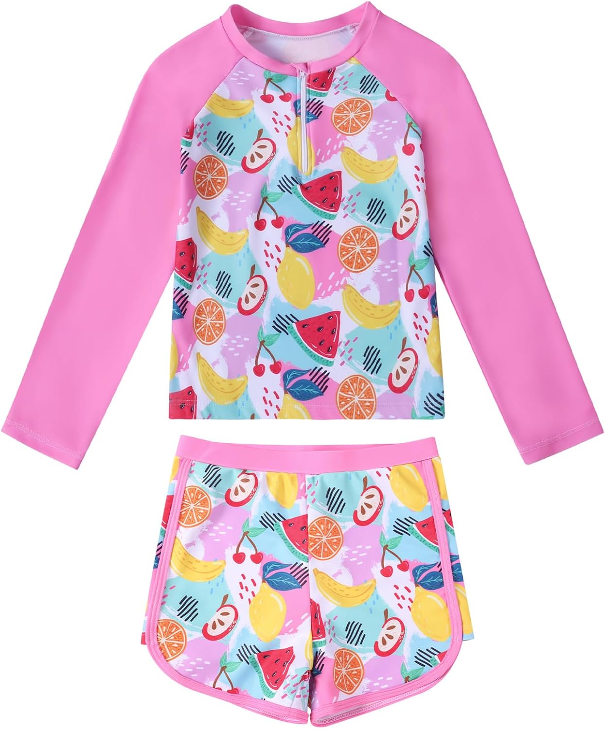 Valcatch Girls Rash Guard Swimsuit Set 2 Piece Long Sleeve UPF 50+ Quick Dry Bathing Suit with Ruffle Shorts for Kids