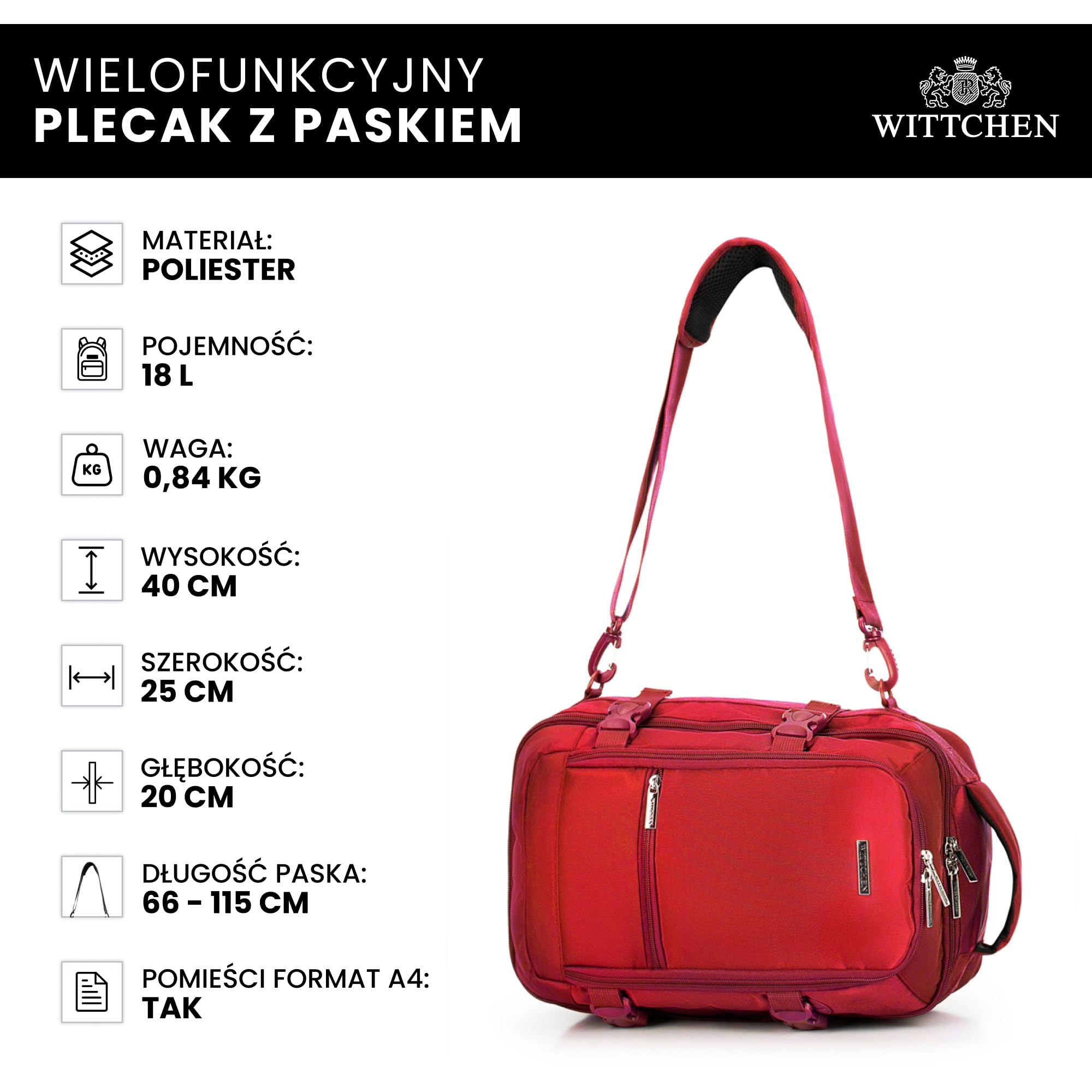 WITTCHEN Poszerzany plecak do samolotu | Plecak podręczny 32 l | Wodoodporny plecak na laptopa 17 cali | Plecak podróżny w rozmiarze kabinowym | 47 × 32 × 14–18 cm