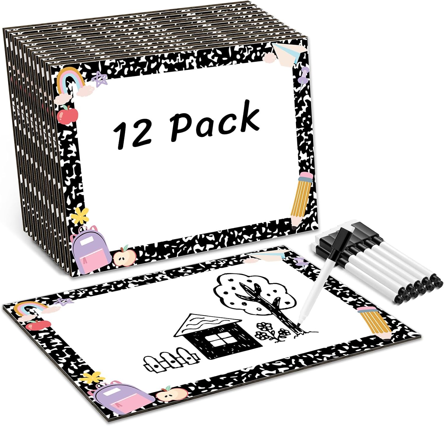 24 Pcs 12x9In Mini Erase Whiteboard with Pens Double Sided Reusable Dry Erase Board Back to School Gift for Kindergarten Preschool Classroom Gift (24, Back to School-1)