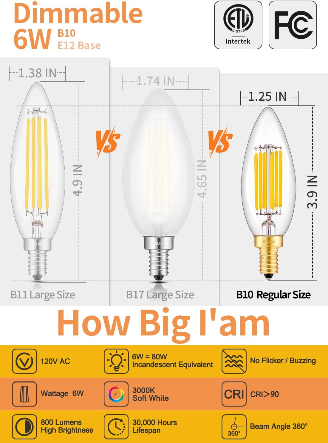 CRLight 6W 3000K Dimmable LED Candelabra Bulb Soft White, 80W Equivalent 800LM, E12 LED Chandelier Light Bulbs, Antique Edison Clear Glass B10 Candle Decorative Bulbs, Pack of 8