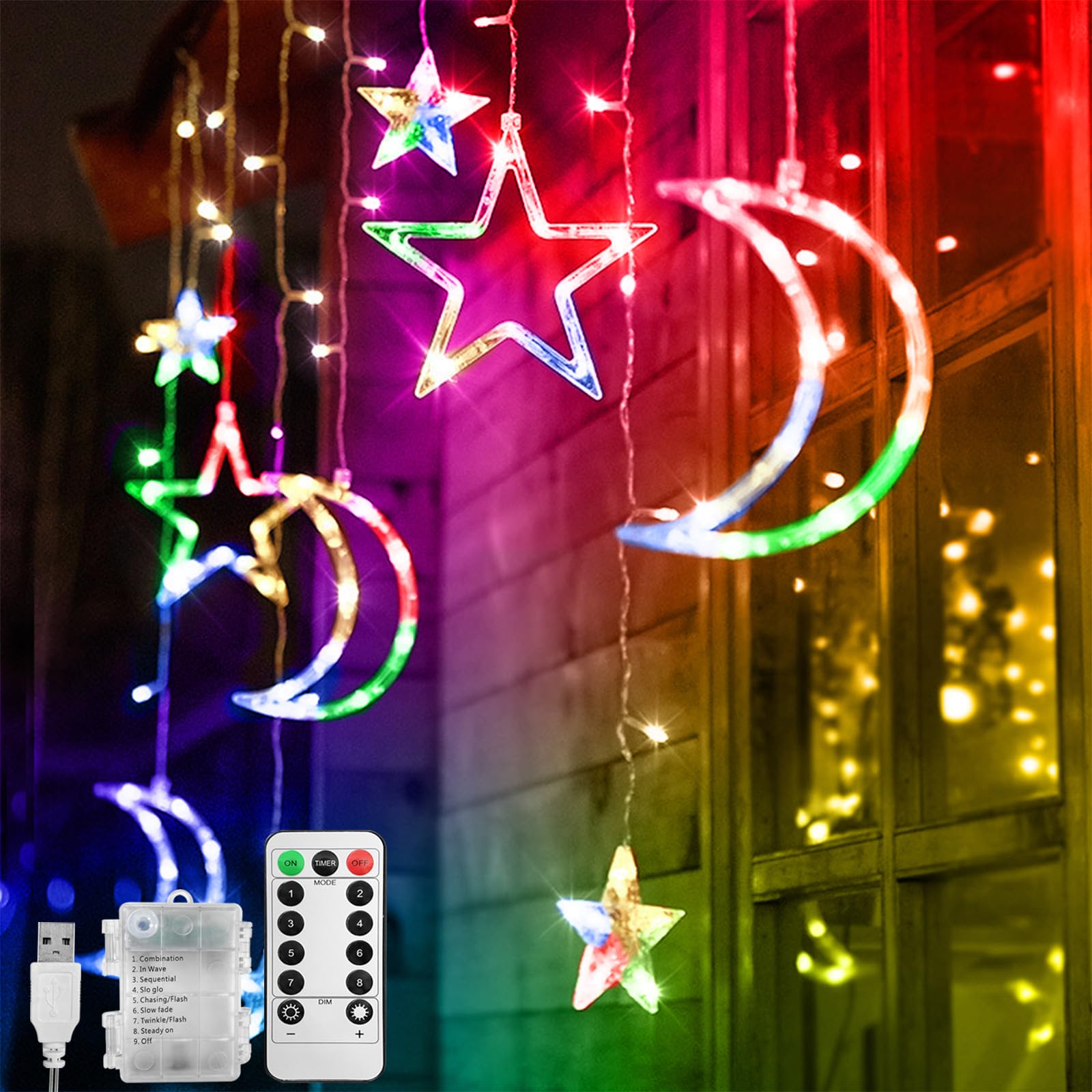 Jsdoin LED String Lights - 3.5m Star Moon LED Curtain Lights with 8 Flashing Modes Decoration for Christmas, Wedding, Party, Home, Terrace, Ramadan,Lawn,USB/Battery Powered (Multicolour)