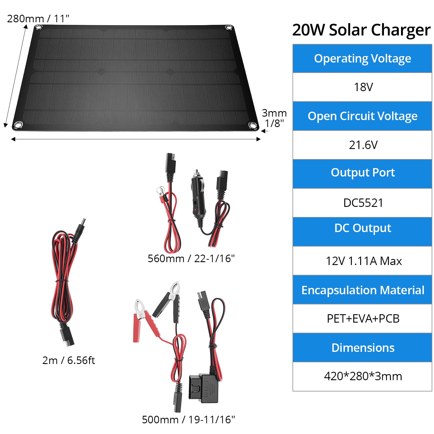 QWORK® Caricabatterie solare 12V 20W con celle monocristalline, con Connessione SAE, impermeabile IP67 - Pannello Solare Portatile