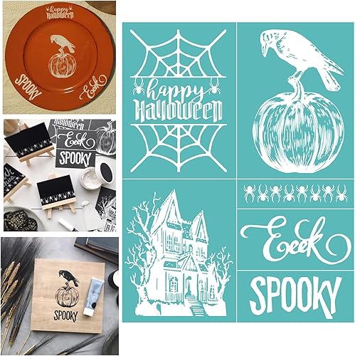 Plantilla de serigrafía con patrones de sentimientos temáticos de Halloween, reutilizable, autoadhesiva, para decoración/impresión en