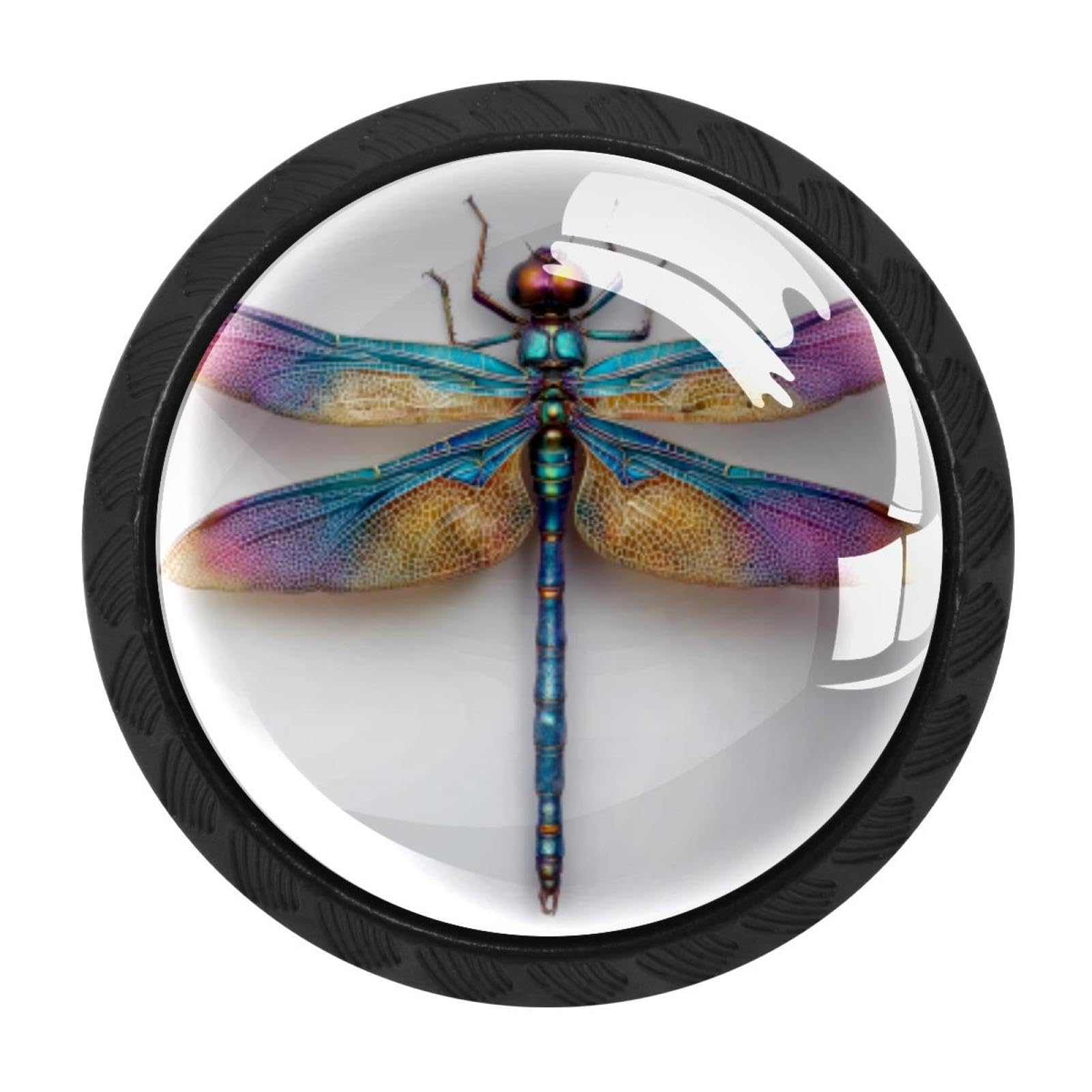 Chenzzzz Multicolored 03 4 Pack Cabinet Handles Black Colorful Dragonfly (2) Cabinet Knobs Draw