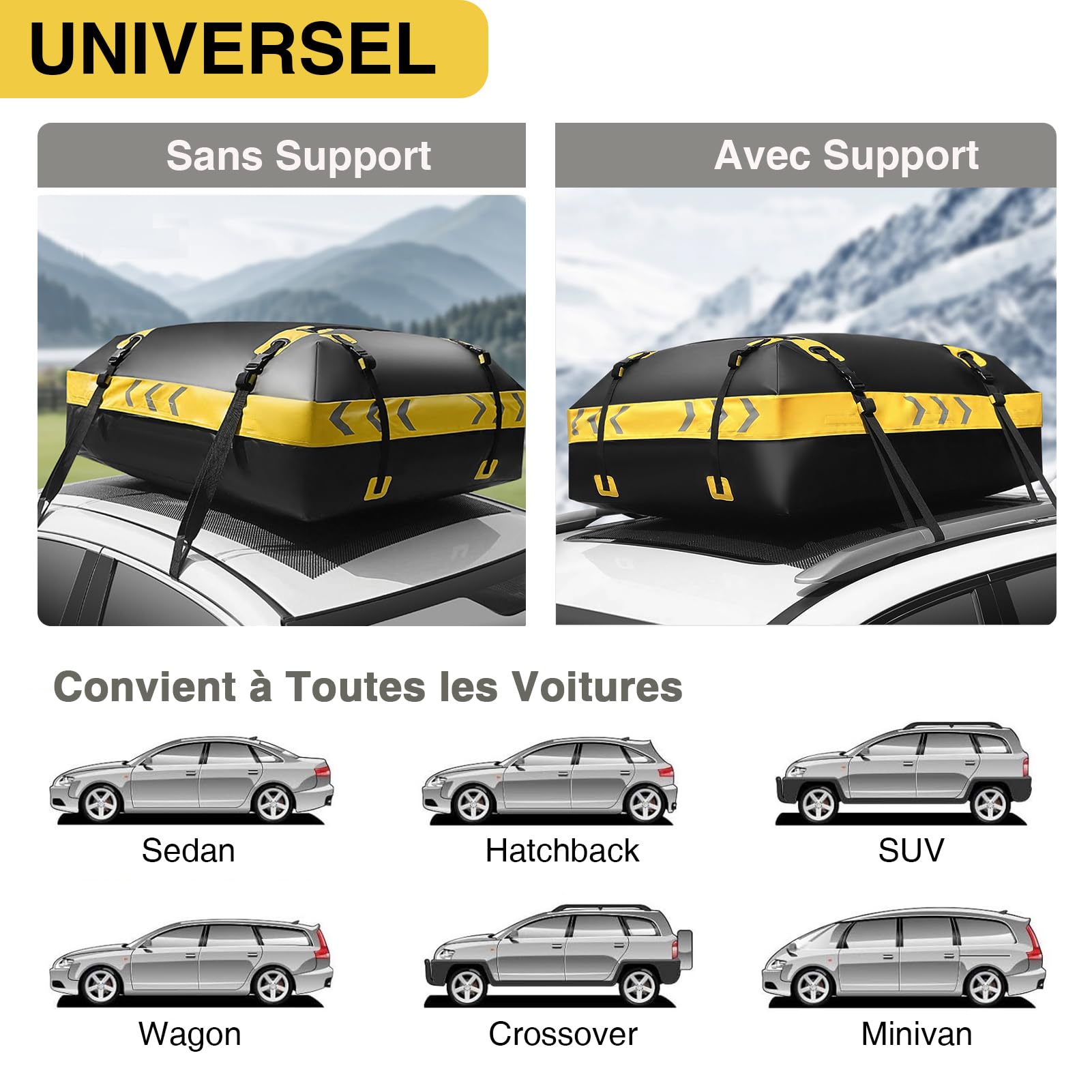 JOBYNA Coffre De Toit Souple, 15 Pieds Cubes / 425 L Sac de Toit étanche en 1000D PVC, Sac de Transport pour Tout Type de Voiture avec/sans Porte-Bagages, Compris Tapis Antidérapant, Cadena
