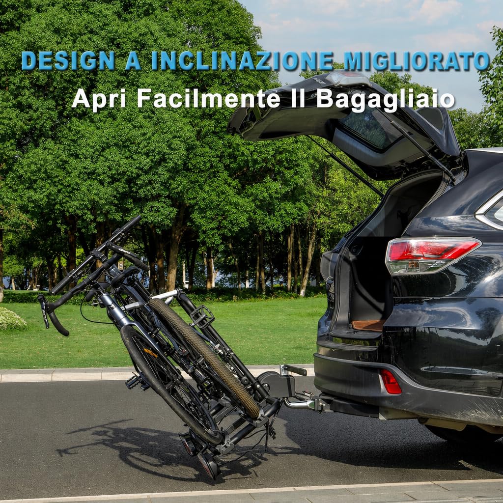 Portabici per gancio di traino, 2 biciclette, e-bike, 60 kg, gancio di traino con fanale posteriore e portatarga, richiudibile, supporto frizione per ebike