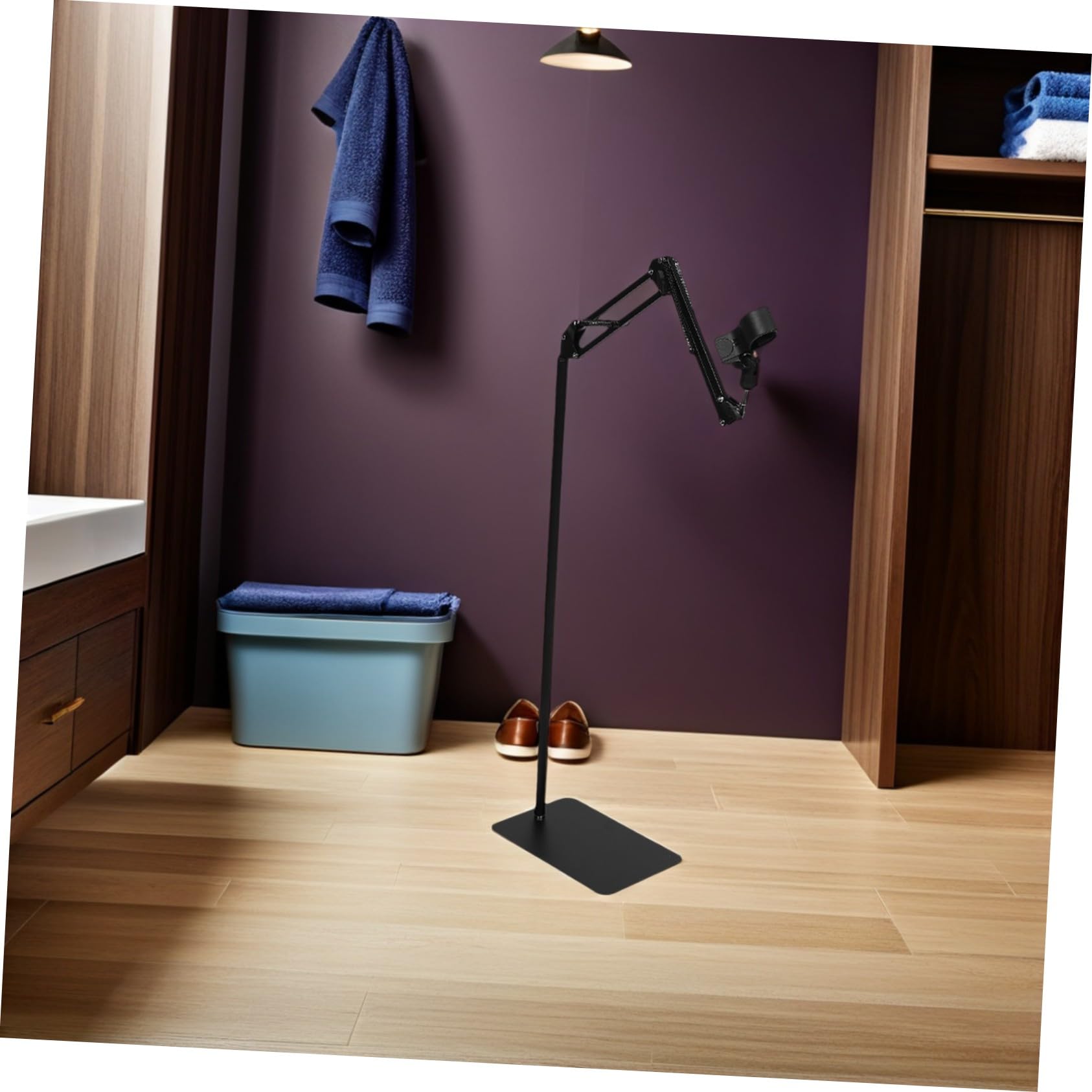 Soporte Ajustable para Secador de Pelo de Pie en Hierro Negro | Brazo Giratorio y Altura Regulable, Estructura Plegable, Abrazadera Antideslizante con Medida 3,2-6,4 Cm