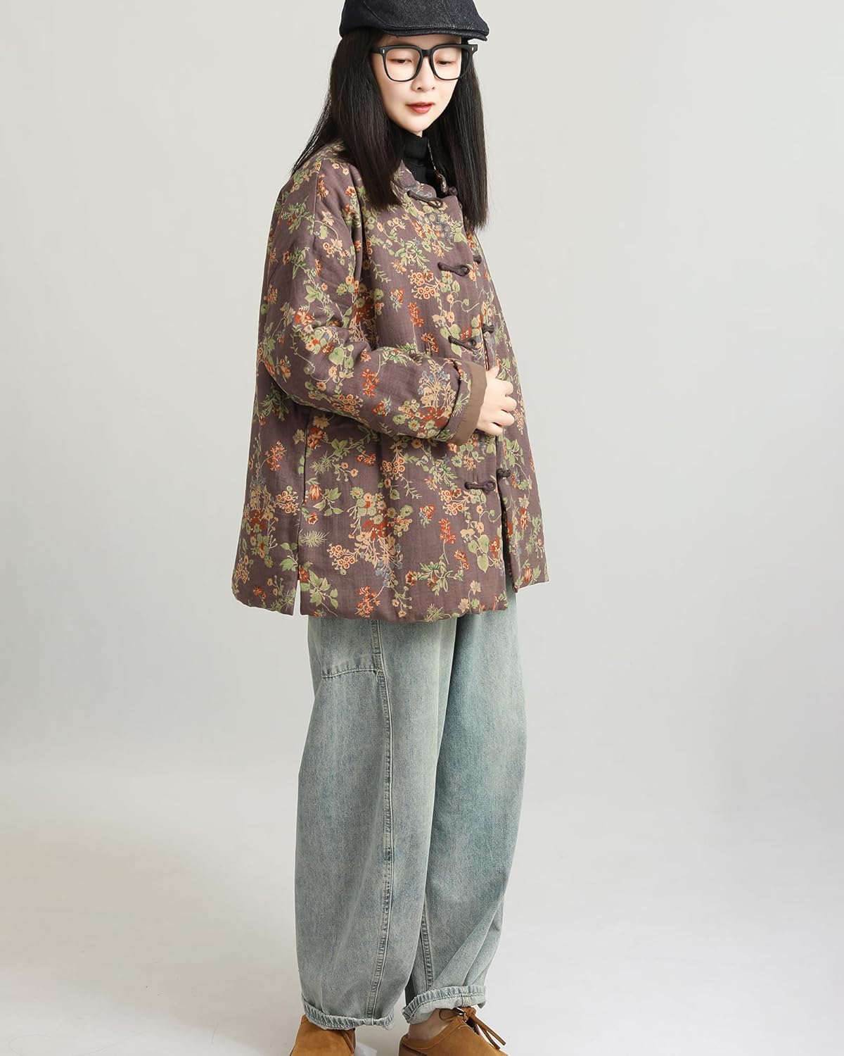 LZJN Women's Floral Print Cotton Quilted Long Jacket Loose Casual Coat with Pockets Vintage Outwear - Image 5