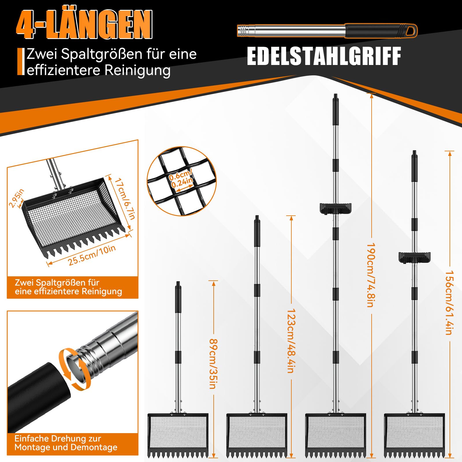 25.5cm Hühnerkotschaufel mit Ergonomischem Griff, Hühner Zubehör Siebschaufel Metall, 4-In-1 Verstellbare 89-190cm Chicken Poop Scooper Zum Reinigen von Hühnerställen Ziegenställen Ställen